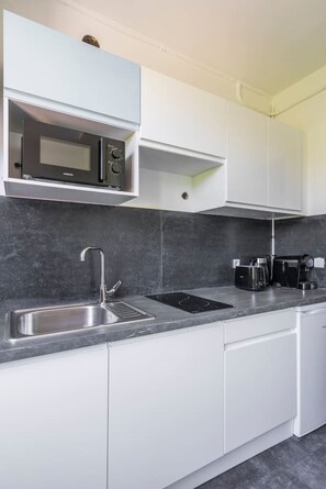 Kühlschrank, Mikrowelle, Herdplatte, Wasserkocher mit Kaffee-/Teezubehör