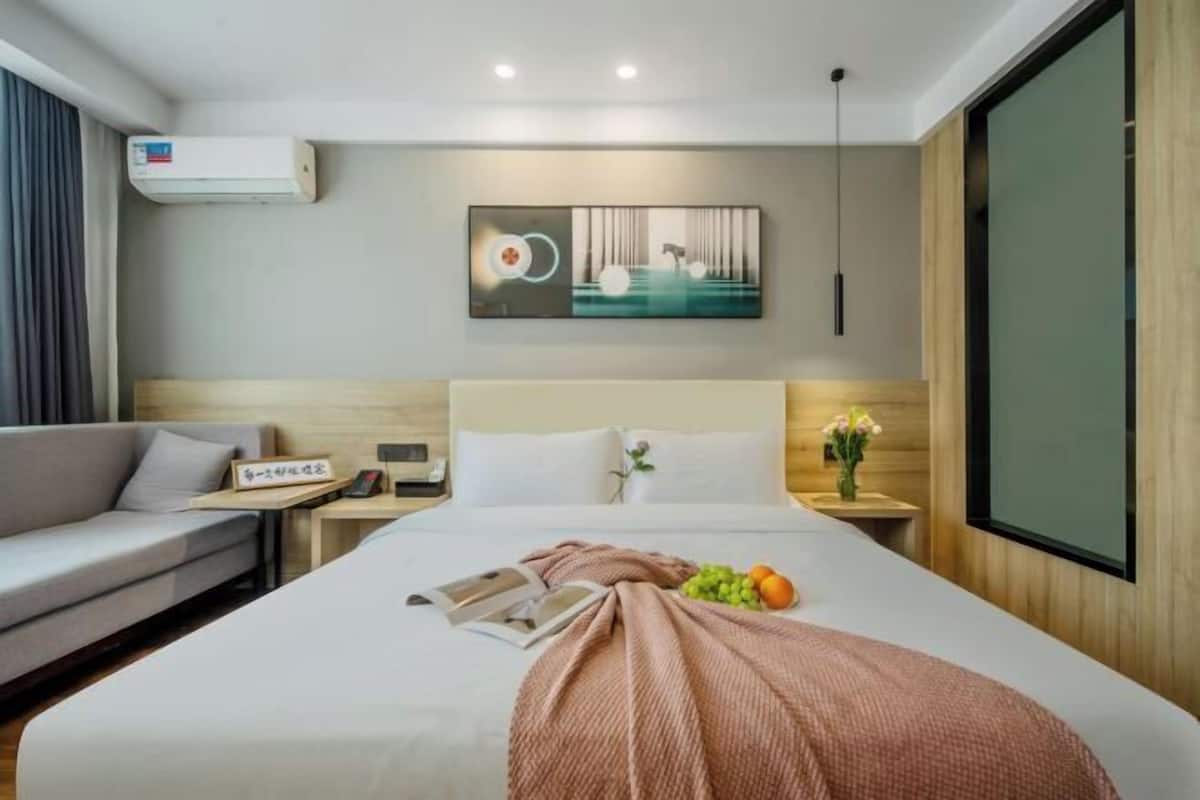 Habitación de hotel con cama, sofá, televisor, aire acondicionado y un cuadro en la pared.