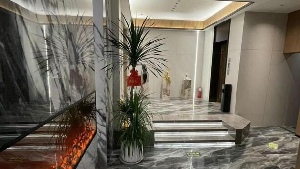 A lobby with a marble floor, a reception desk, and a potted plant.