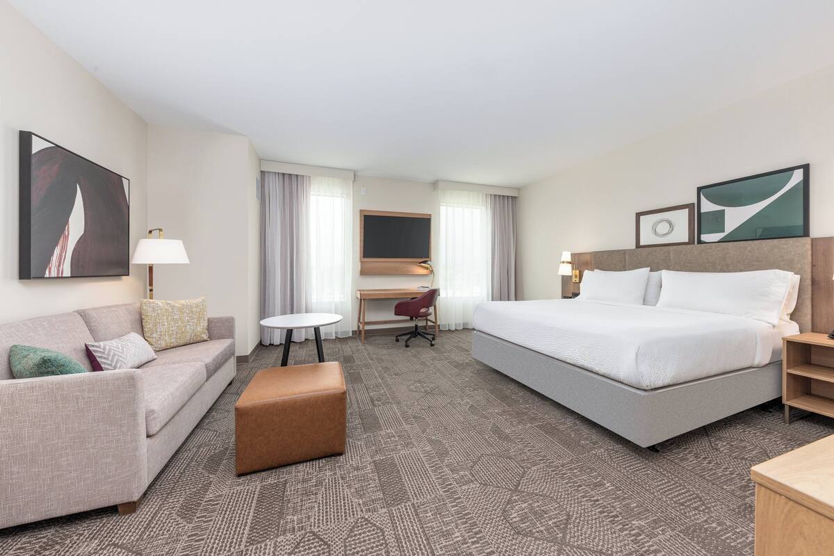 A hotel room with a bed, a sofa, a desk, and a chair.