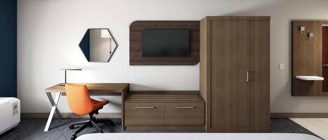 Quarto de hotel moderno com cama, escrivaninha, cadeira, guarda-roupa, televisão e espelho.