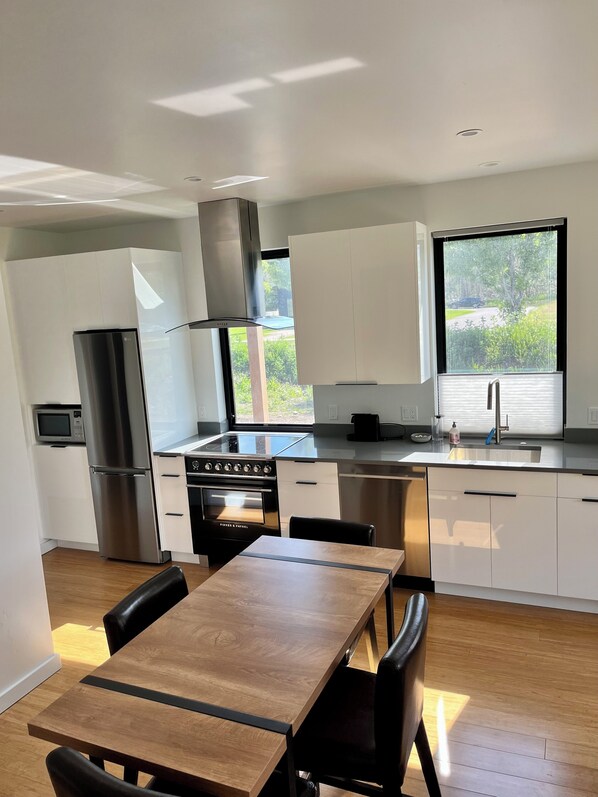 Frigorífico, microondas, horno y placa de cocina