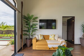 Smart TV, books, music library, stereo