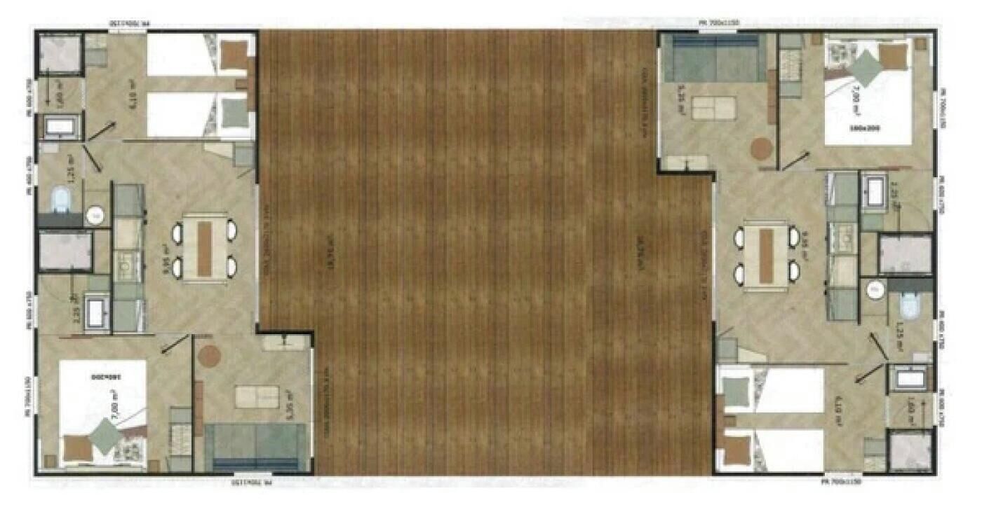 A hotel layout with two bedrooms, a bathroom, a living area, and a dining area.
