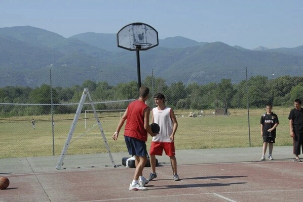 An outdoor basketball court with a basketball hoop, a ladder, and a net.