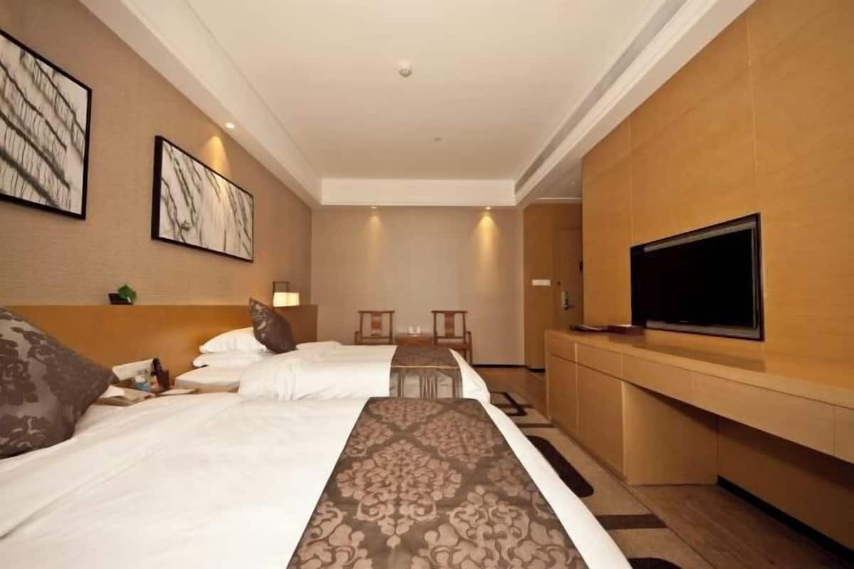 Habitación de hotel con dos camas, televisor, escritorio y una silla.