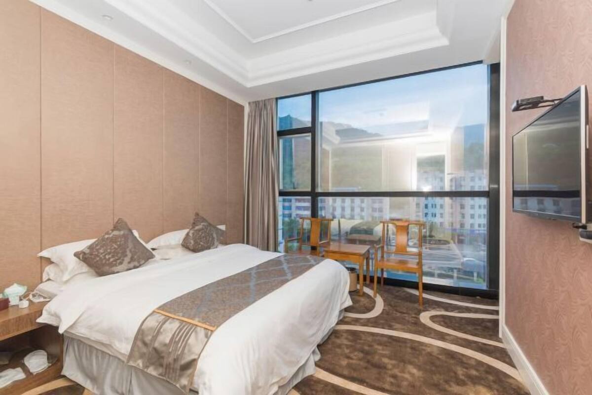 Habitación de hotel con una cama grande, televisor, escritorio y ventana con vista a la ciudad.