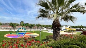 A playground with colorful play equipment, a palm tree, and a fenced area.