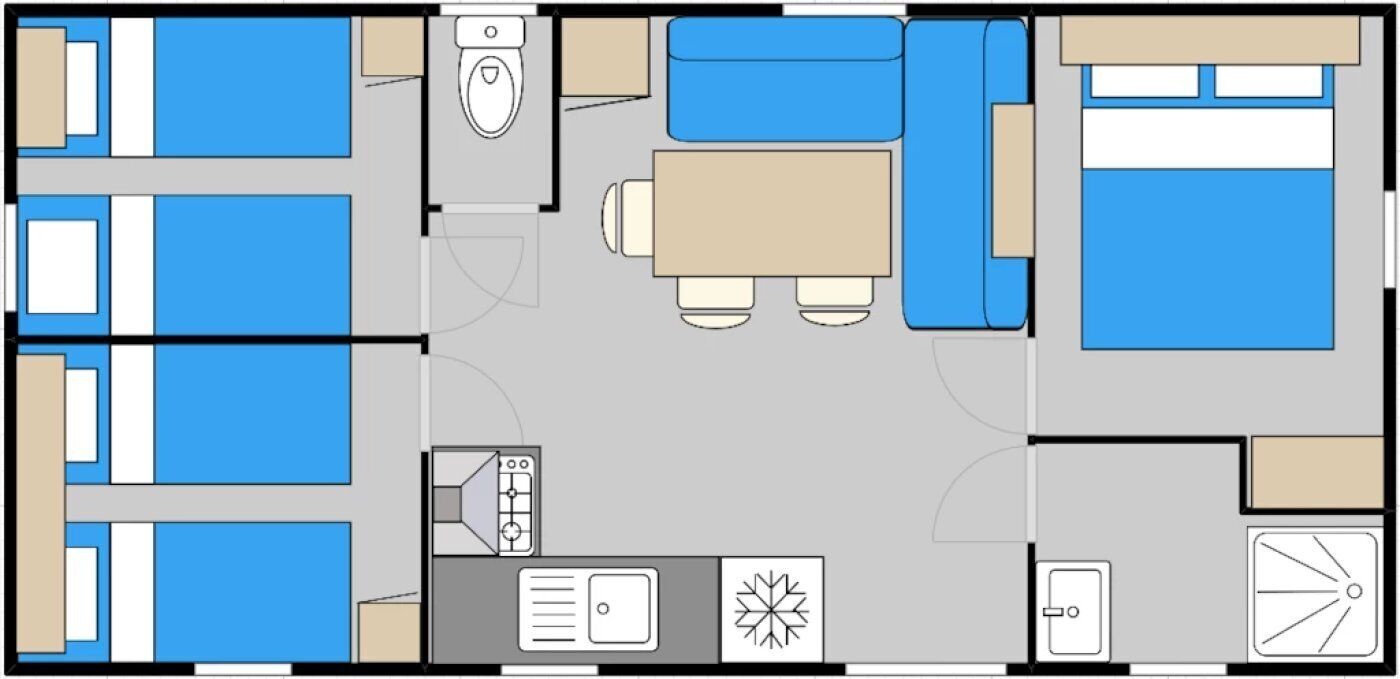 Distribució d'una habitació d'hotel amb llit, escriptori, cadira, taula petita, sofà, televisió, armari i bany.