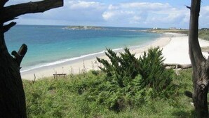 Une plage avec une eau d’un bleu limpide, un rivage sablonneux et quelques zones verdoyantes au premier plan.