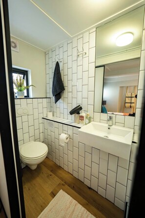 Hair dryer, towels, soap, toilet paper