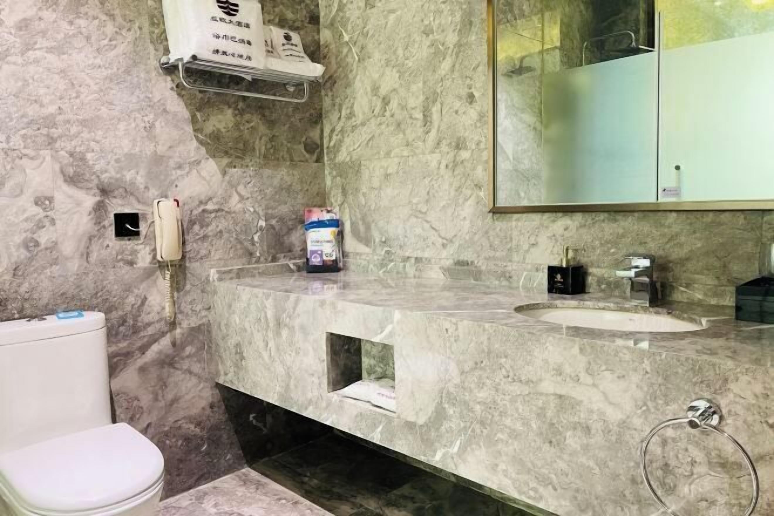 A bathroom with a marble countertop, a sink, a toilet, and a mirror.
