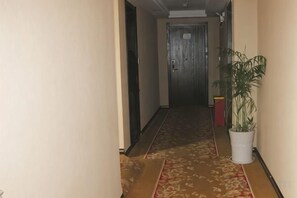 Um corredor estreito com piso de carpete, um vaso de planta e uma porta no final.