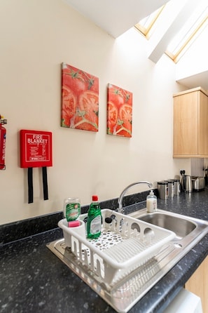 A kitchen with a black countertop, a stainless steel sink, a dish rack, a fire blanket, and two paintings on the wall.