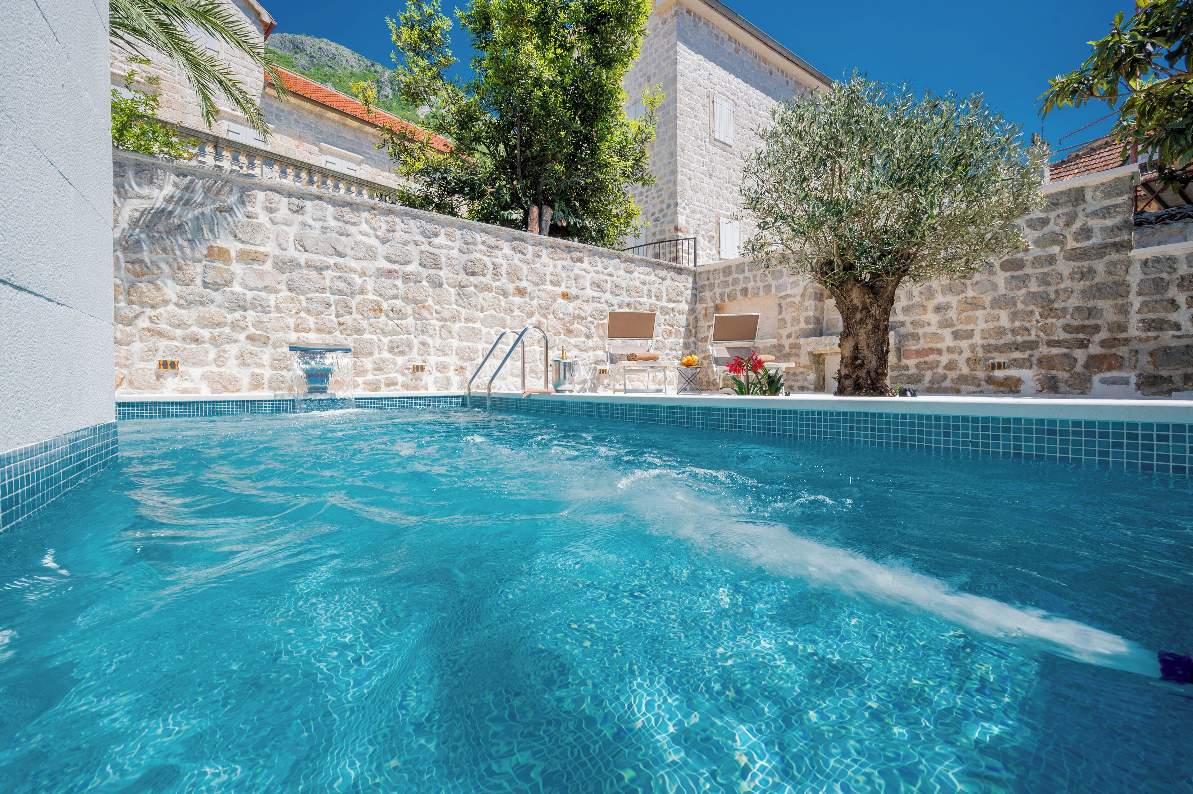 Una piscina con paredes de piedra, una palmera y vistas a la montaña.