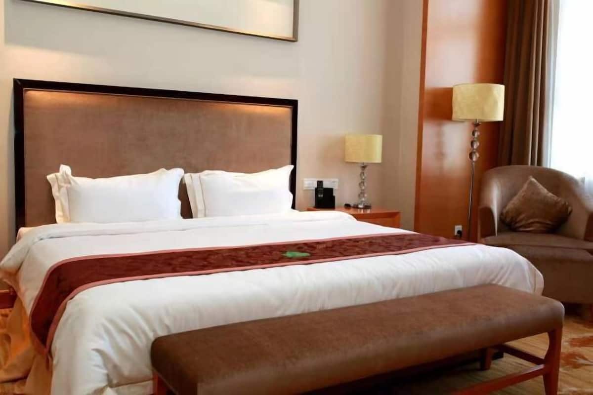 Habitación de hotel con una cama grande, una mesita de noche con lámpara, una silla y un banco.