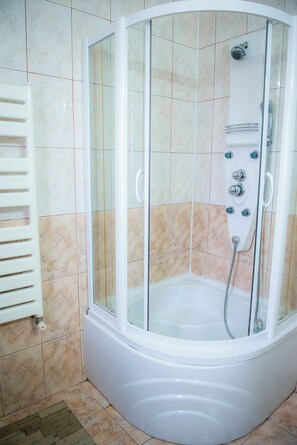 Regadera, secadora de cabello, toallas, jabón 