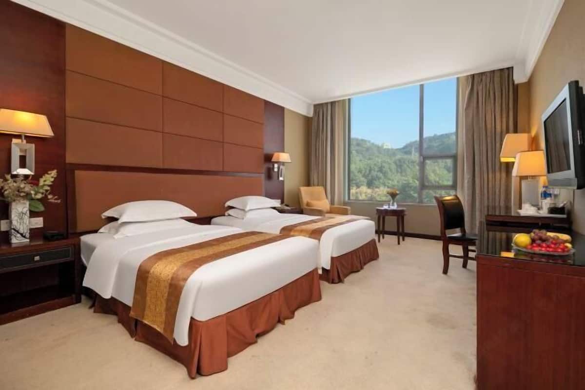 A hotel room with two beds, a desk, a chair, a TV, and a view of the outdoors.