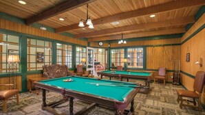 A pool hall with multiple pool tables, wooden walls, and green-tinted windows.