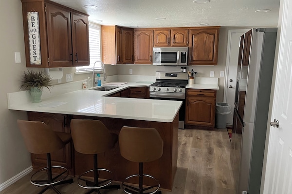 Frigorífico, microondas, horno y placa de cocina