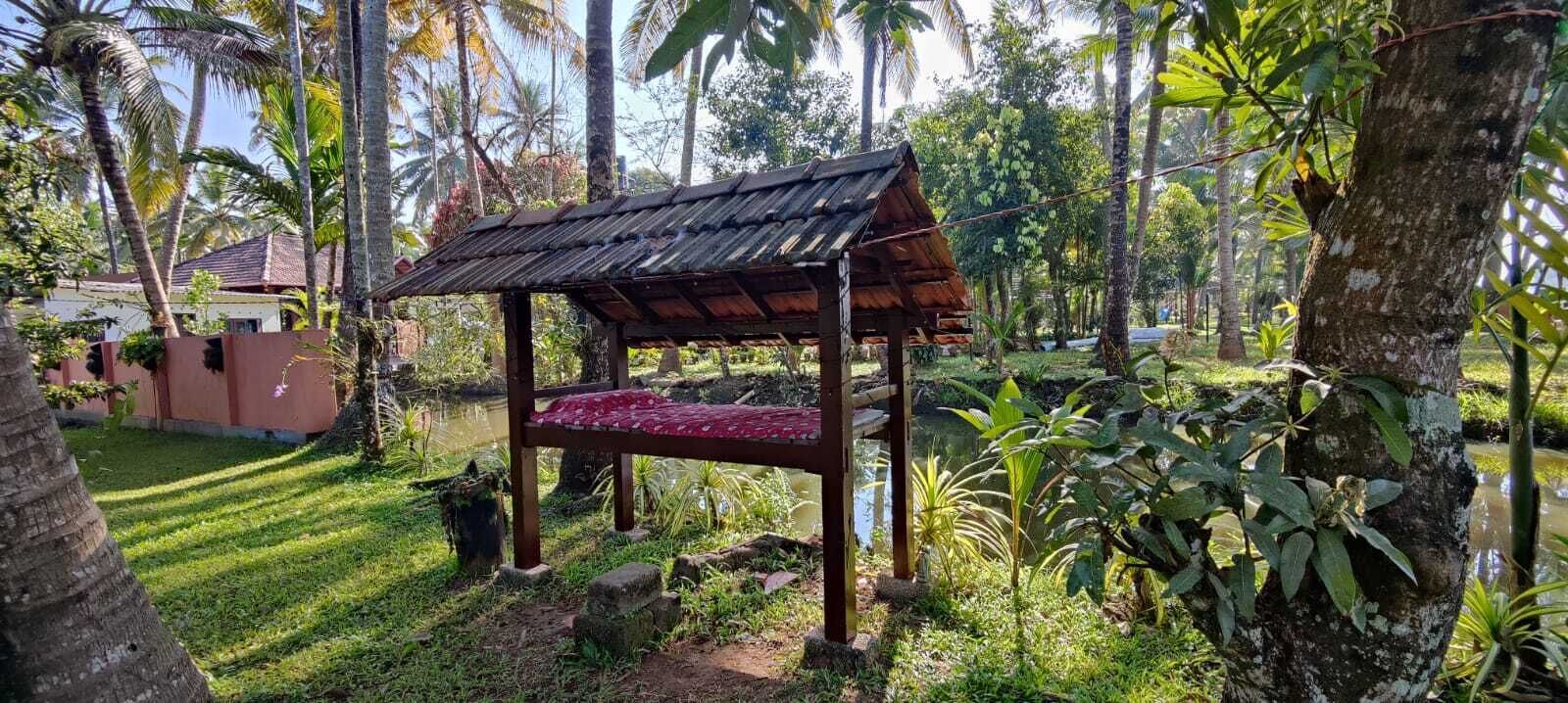 Un belvédère en bois avec un banc rembourré de couleur rouge, situé dans un jardin luxuriant agrémenté de palmiers et d’un petit étang.