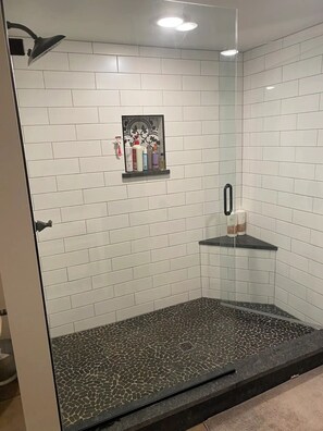 Hair dryer, towels, soap, shampoo