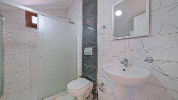 A bathroom with a glass-enclosed shower, a toilet, and a sink with a mirror above it.