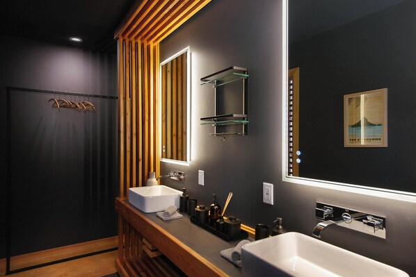 Hair dryer, towels, soap, shampoo