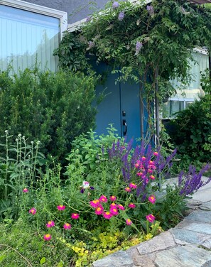 A garden with various plants and flowers, a blue wall, and a door. - Creston,BC-Vintage Vacation Suite
Cozy 2 bedrms. in town 1 Week-15%, 1 Month-25% (Creston)