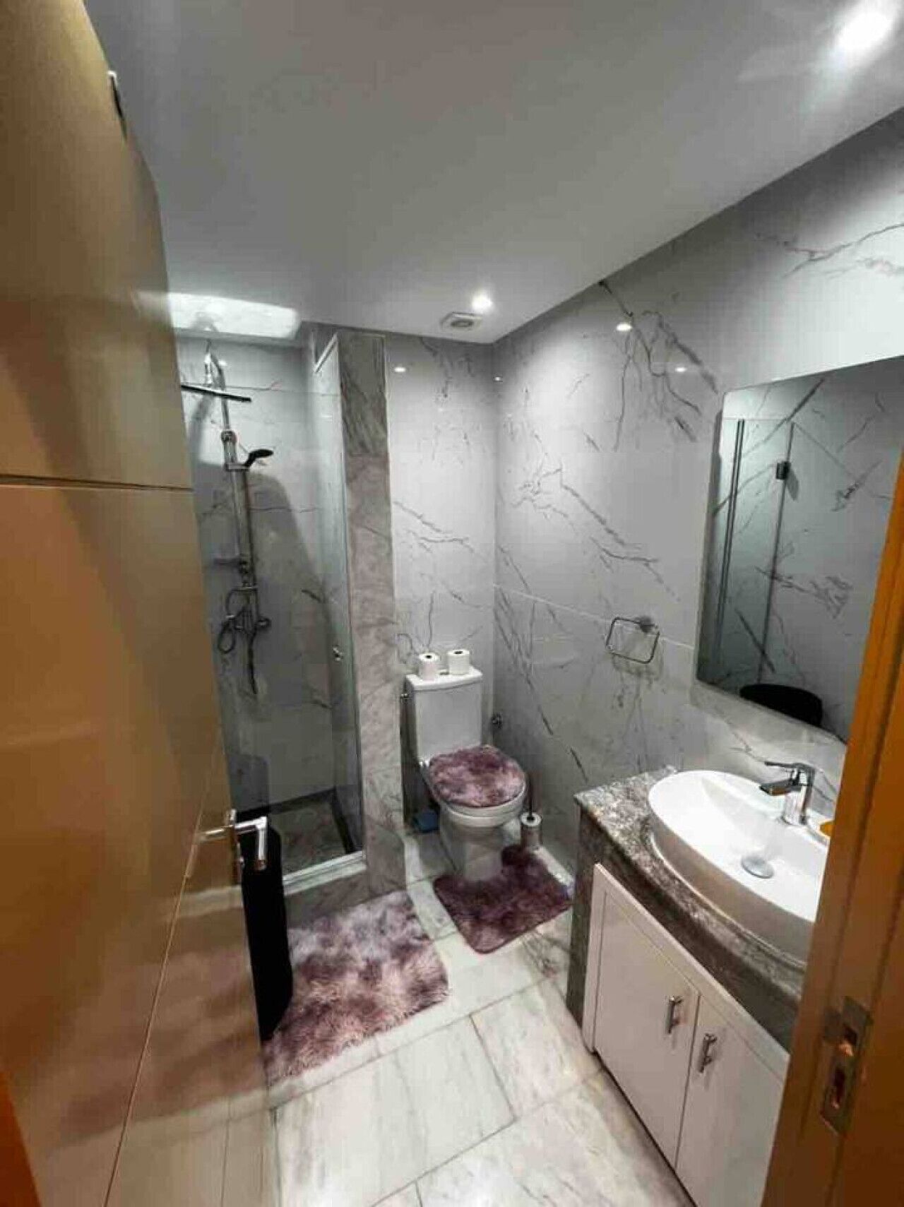 A modern bathroom with a shower, toilet, and sink.