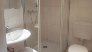 Un baño con ducha de vidrio, un lavamanos blanco y un inodoro.