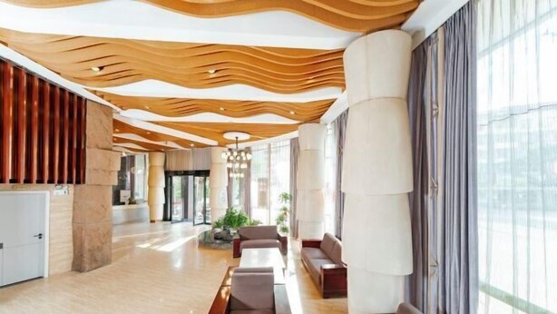 Een ruime lobby met een modern ontwerp, met een houten plafond, grote ramen en comfortabele zithoeken.