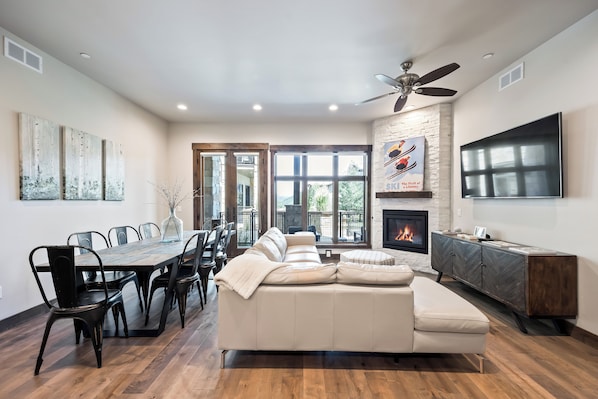 Smart TV, fireplace, books