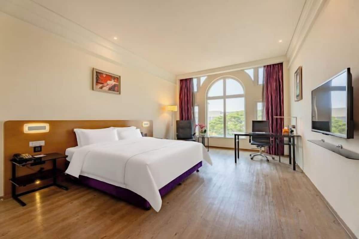 A hotel room with a bed, desk, TV, and large windows.
