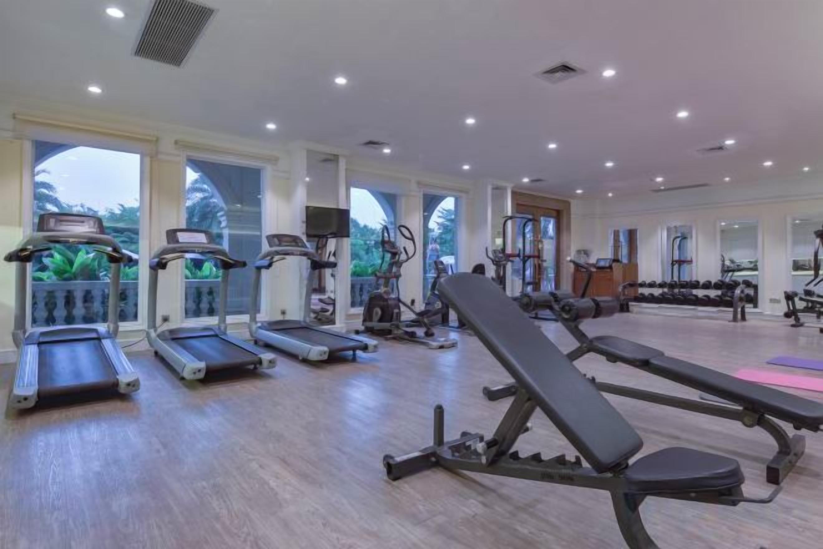 A gym with treadmills, elliptical machines, and weight benches.
