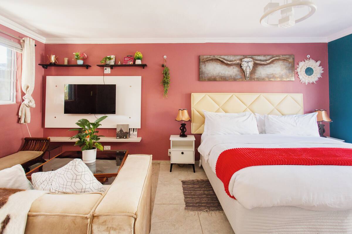 A bedroom with a bed, a TV, a desk, and a couch.