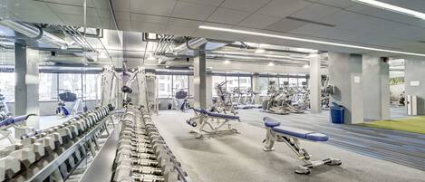 Un gimnasio moderno con diversos equipos de ejercicio, como mancuernas, cintas de correr y máquinas de pesas.