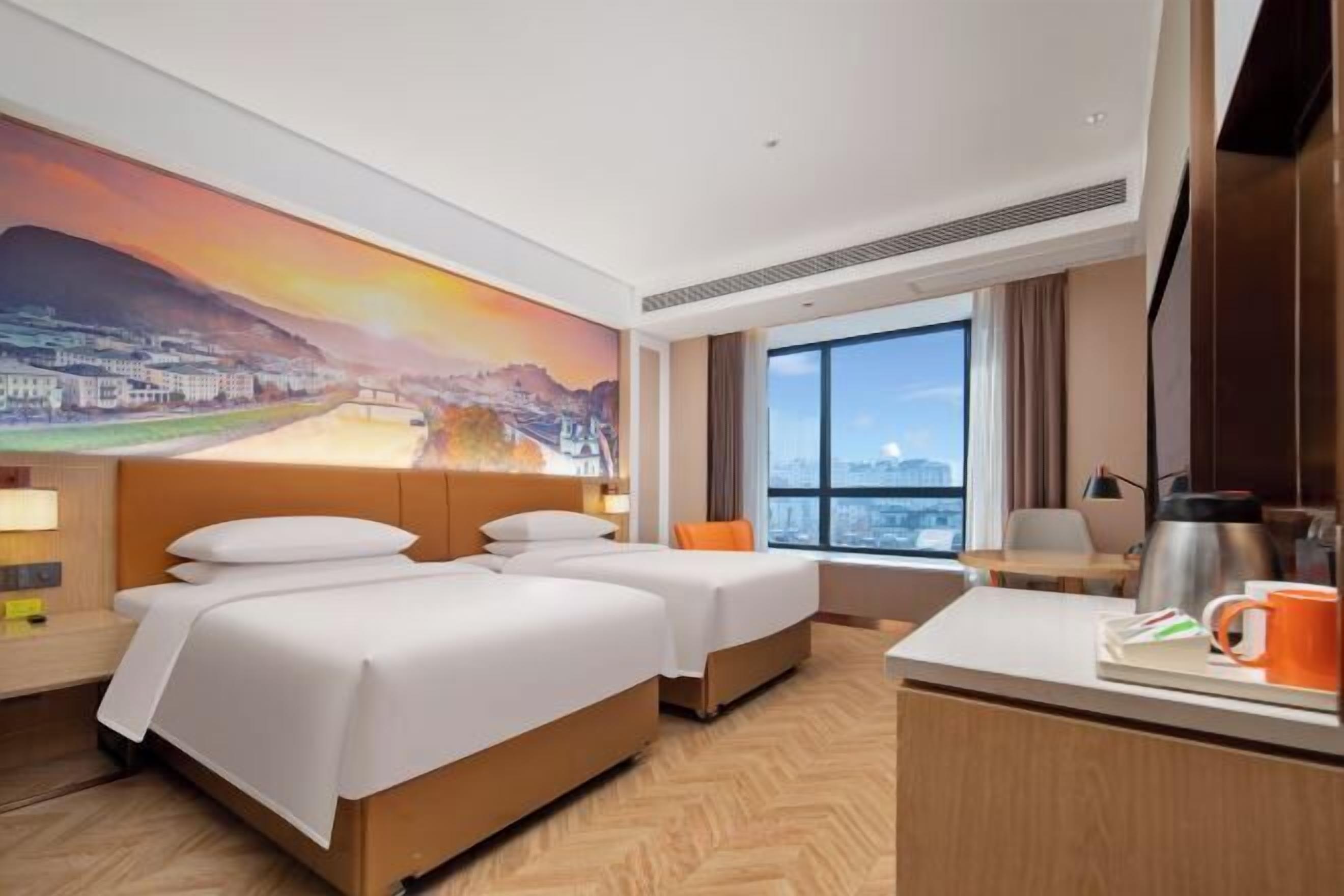 Desk, laptop workspace, blackout curtains, soundproofing