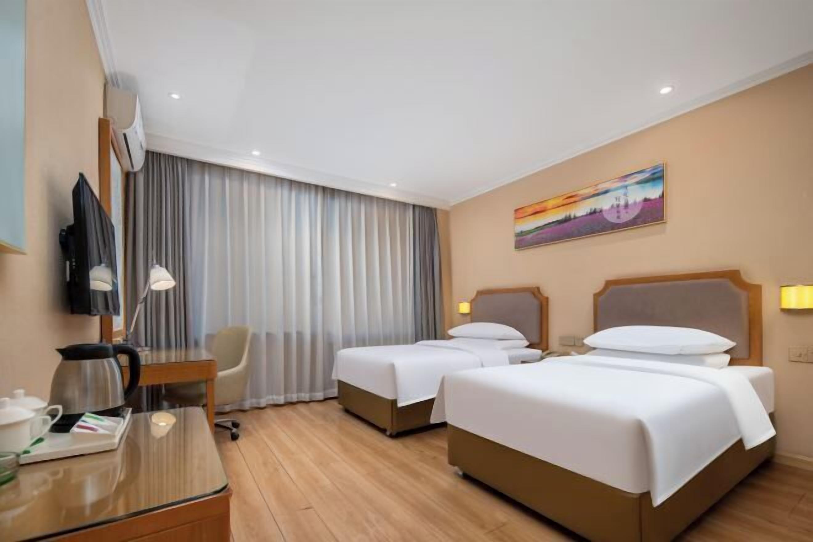 Desk, laptop workspace, blackout drapes, soundproofing