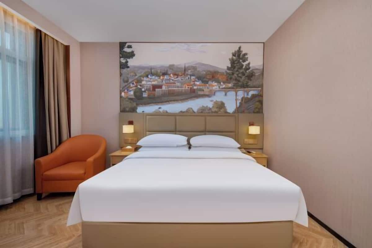 Desk, laptop workspace, blackout drapes, soundproofing