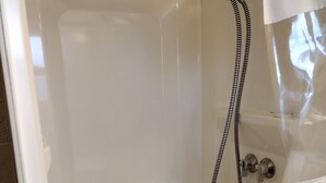Una ducha con cabezal de ducha y manguera de mano.