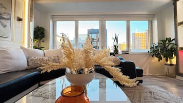 Smart TV, fireplace, books, stereo