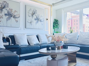 Smart TV, fireplace, books, stereo