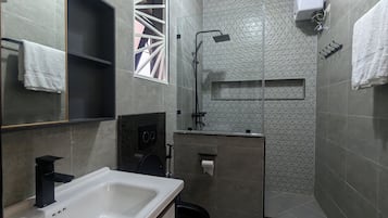 Shower, towels, soap, toilet paper