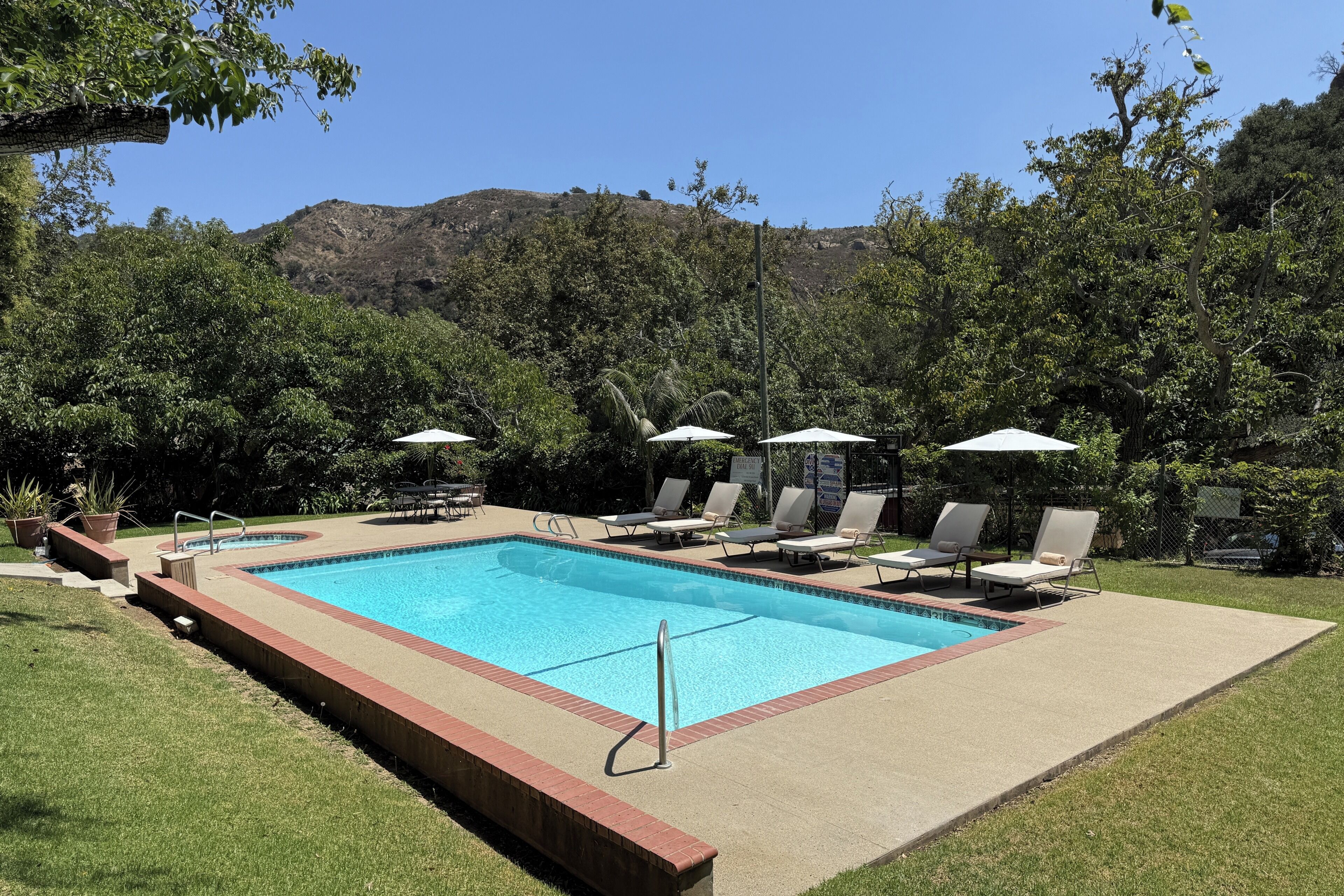Outdoor pool, pool umbrellas, pool loungers