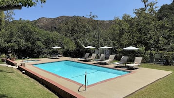 Outdoor pool, pool umbrellas, pool loungers