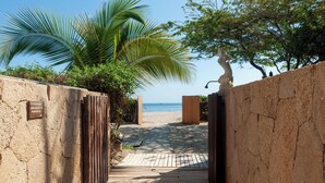 Un sendero que lleva a una playa con una palmera y una estatua.