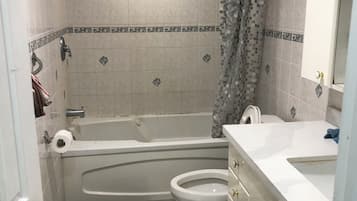 Hair dryer, towels, soap, shampoo