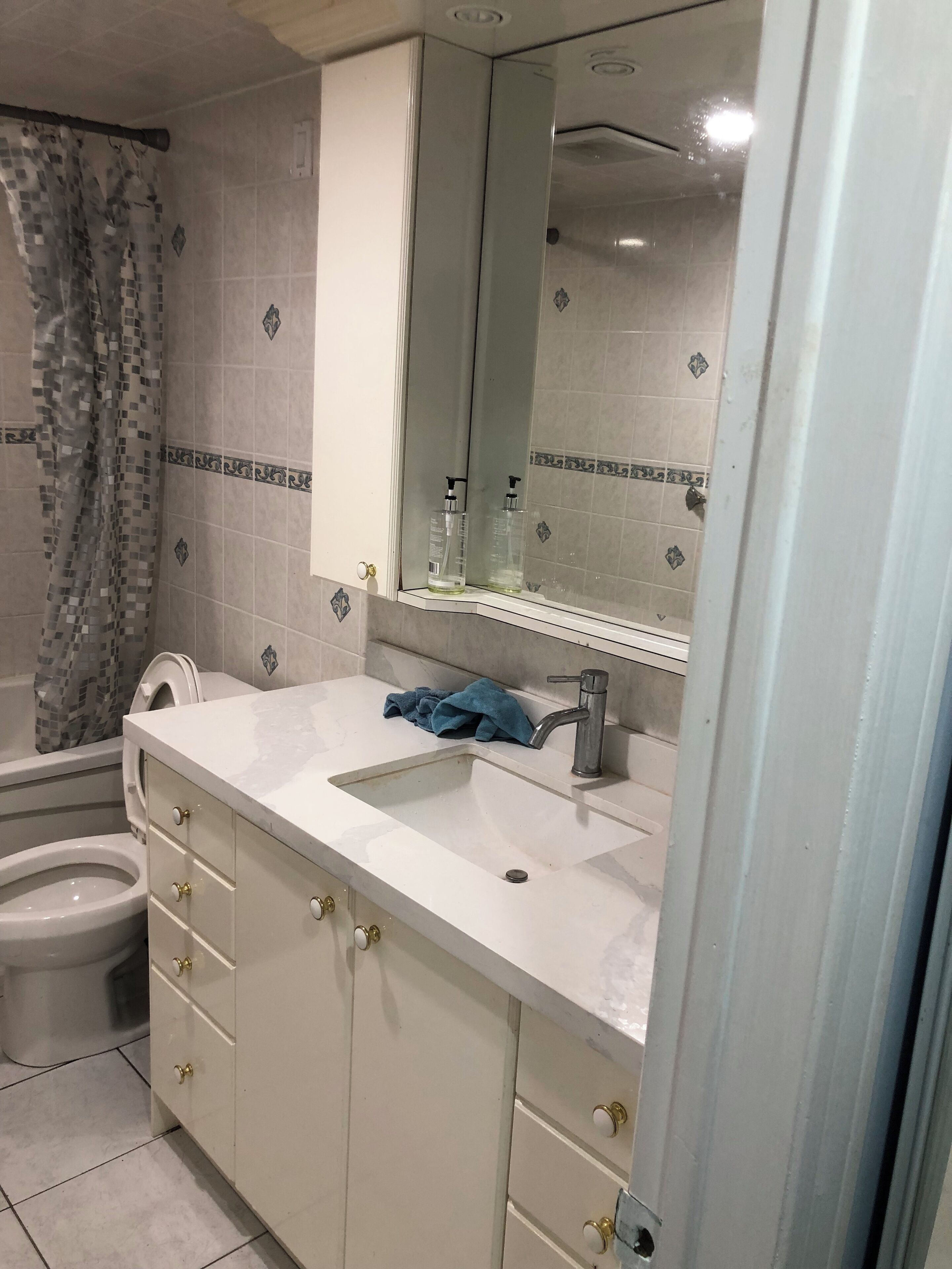 Hair dryer, towels, soap, shampoo