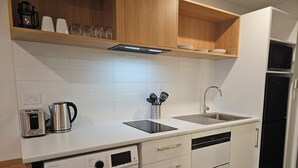 A compact kitchen with a washing machine, a coffee maker, a toaster, and a sink. - Alps Motel Apartment Twizel (Twizel)